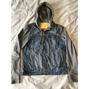 Aeropostale Mens Denim Jacket Gray Hoodie Hybrid Mixed Media Trucker Medium